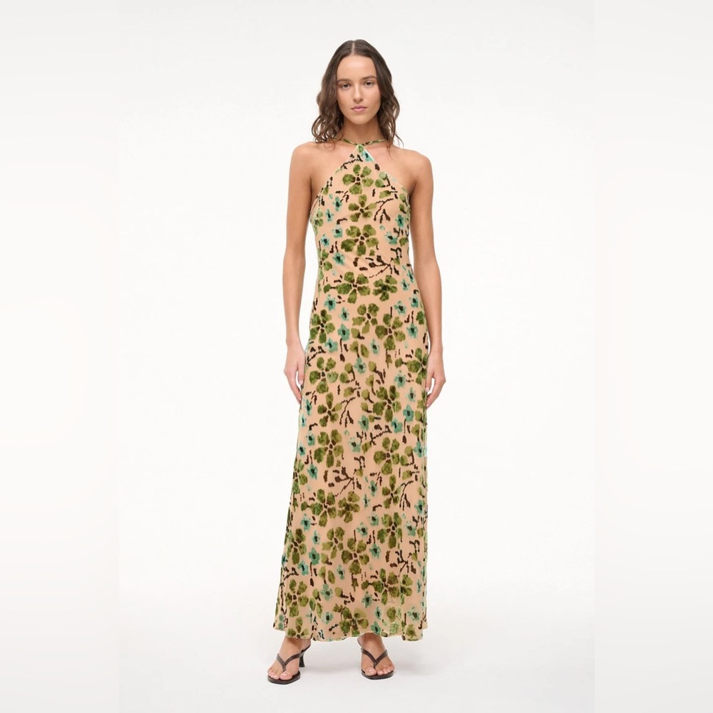 Staud NWT 16 Cubism Halter Maxi Dress in Moss Floral Tapestry